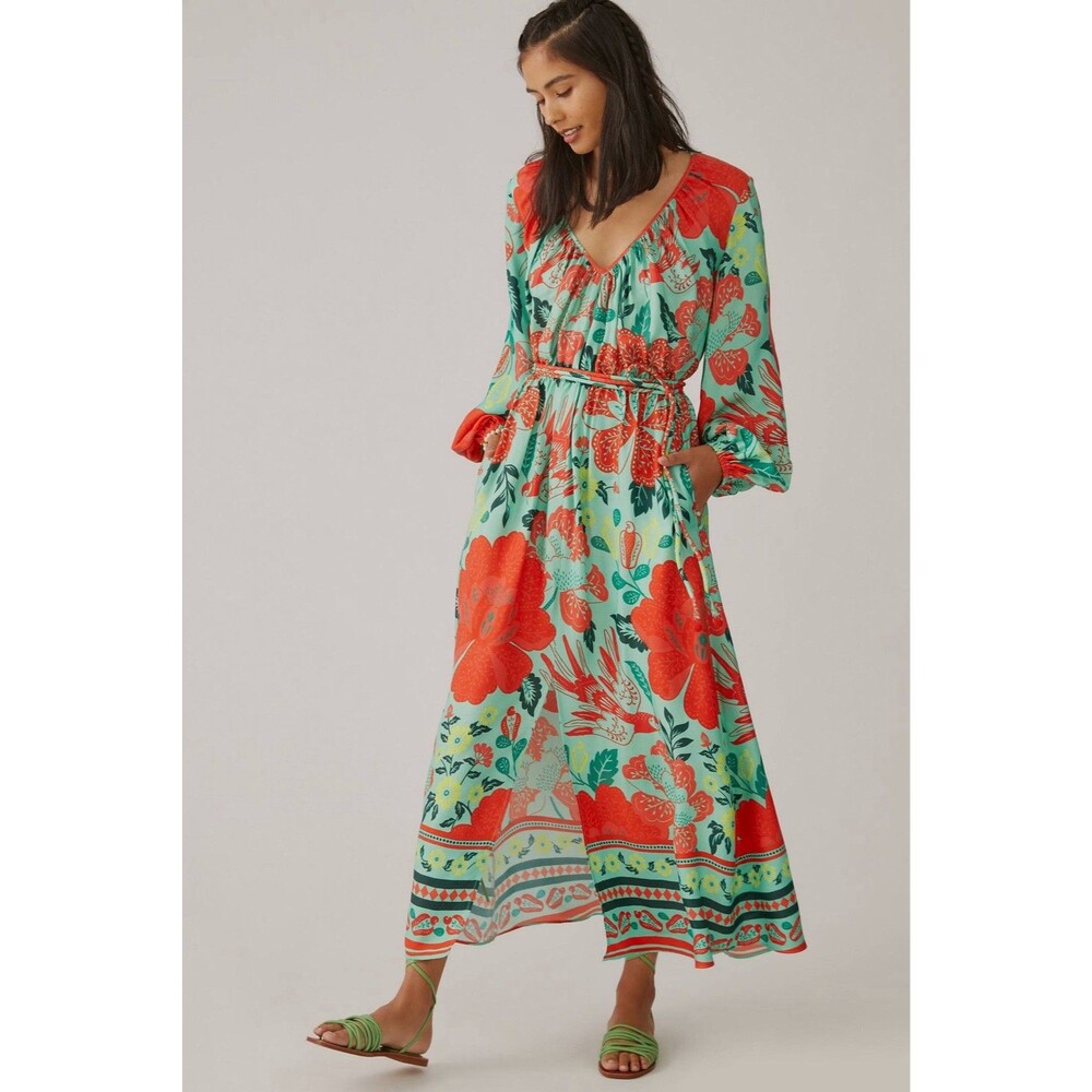 Farm Rio Anthropologie Poppy Print Maxi Dress XS Belted Green w BELT